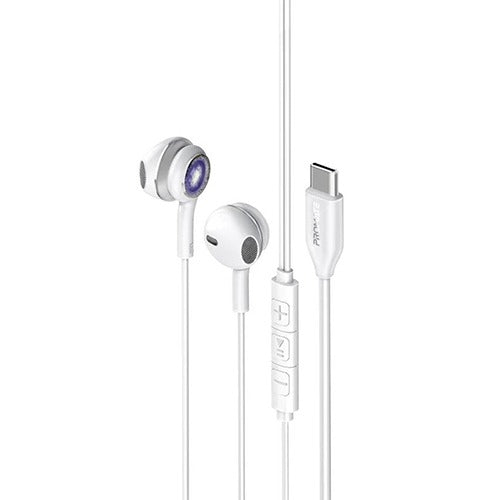 Promate LumiSound Transparent Stereo USB-C Wired RGB Earphones LumiBuds-C.Silver