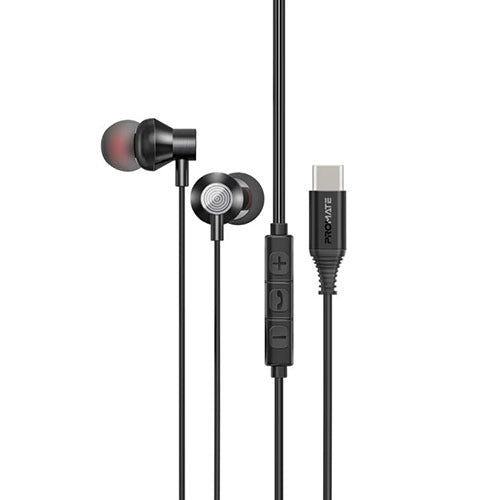 Promate Ergonomic In-Ear USB-C Wired Stereo Earphones Silken-C.Black